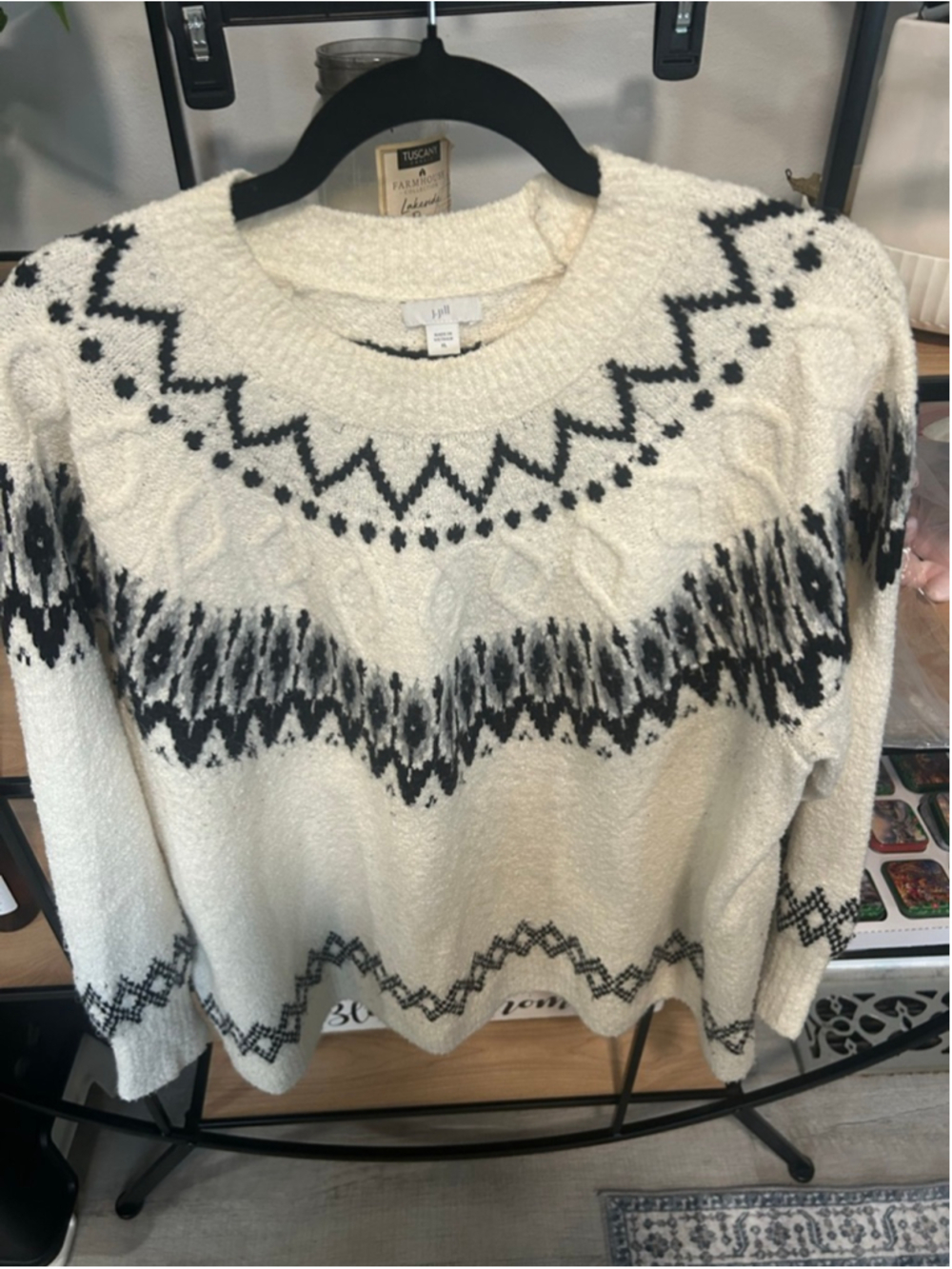 Women's J.Jill White & Black Fair Isle Crew Neck Sweater XL